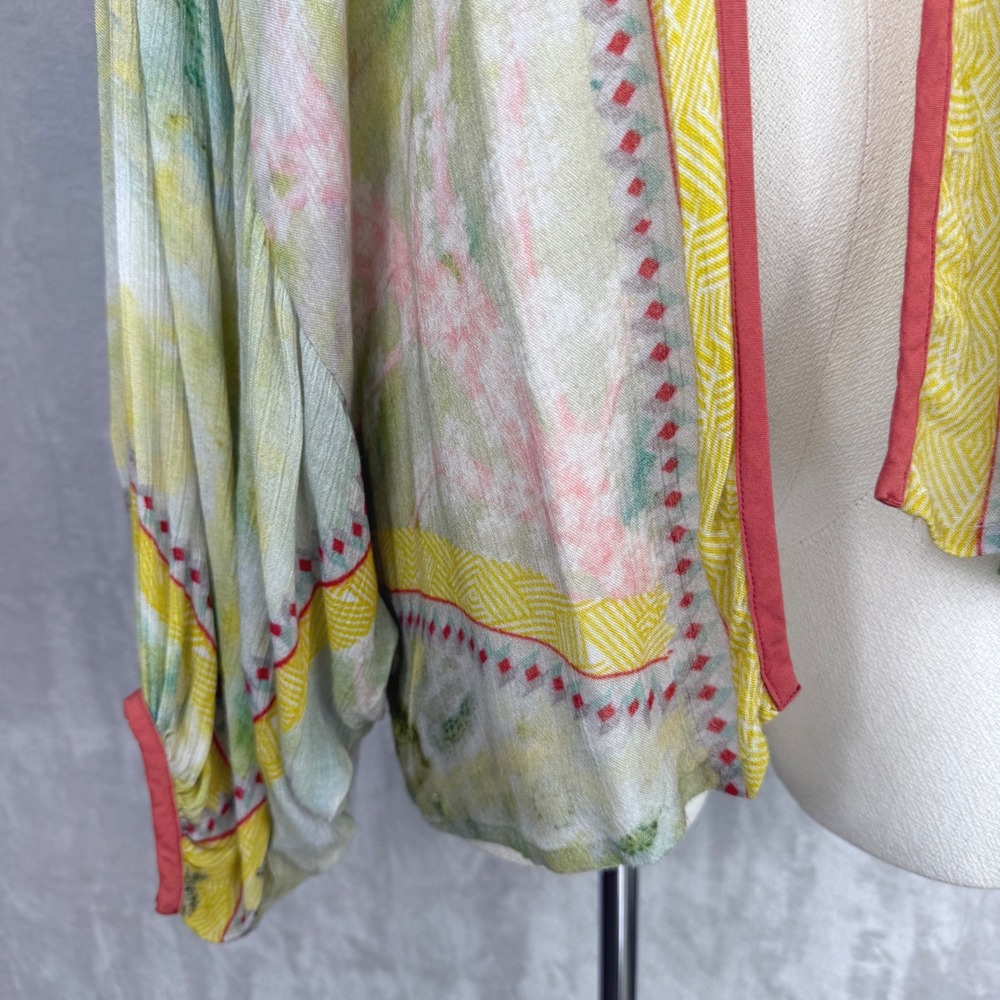 Anthropologie Kimono Cardigan OS Green Yellow Watercolor Boho Artsy whimsical - Picture 6 of 9